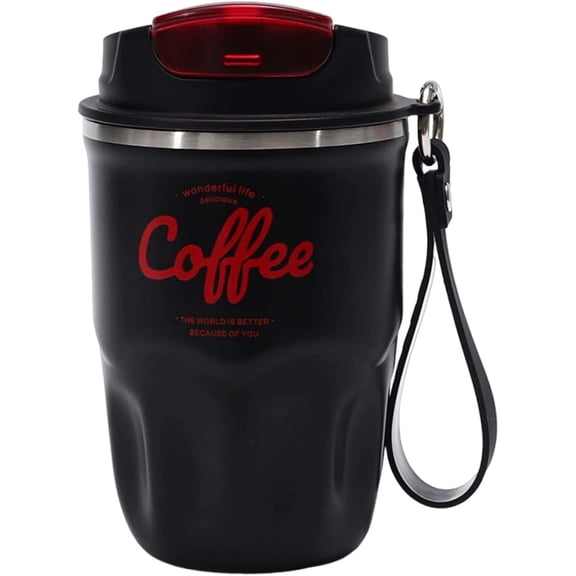 Coffee Vacuum Flask, Portable Coffee Cup with Lid & Handle, Stainless Steel Insulated Water Bottle, Travel Coffee Mug for Hot and Cold Drinks (Black, Standard Version)