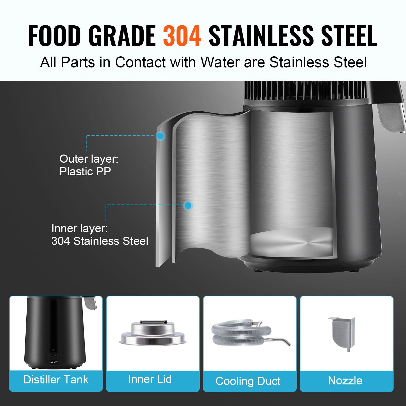 KFFKFF Water Distiller,Stainless Steel PBT, Black