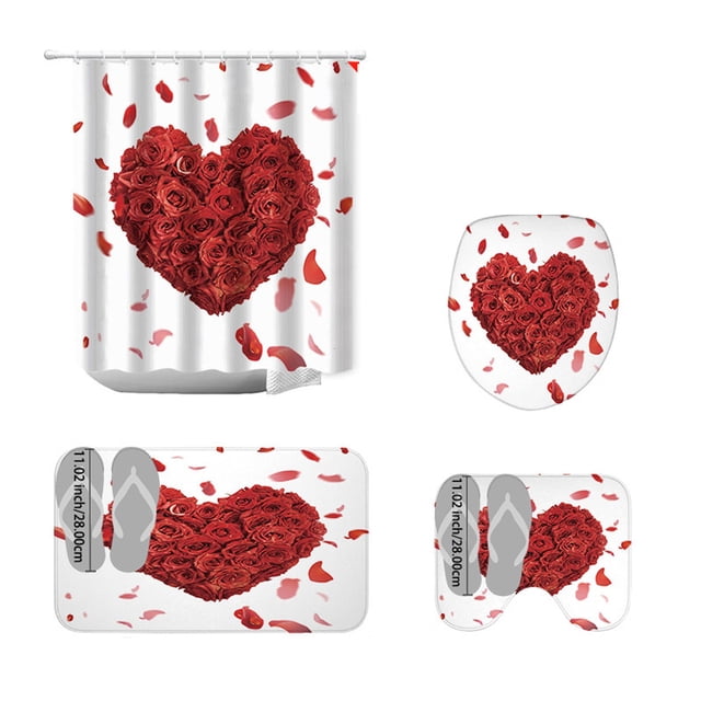 Kabnic Rideau de Douche Saint-Valentin Rideau de Douche Tapis de Sol Ensemble de Quatre Pièces Maison Salle de Bain Séparation Sèche Humide Rideau de Douche Imperméable