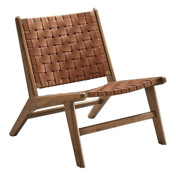 Maklaine Woven Leather & Wood Accent Lounge Chair in Walnut/Brown