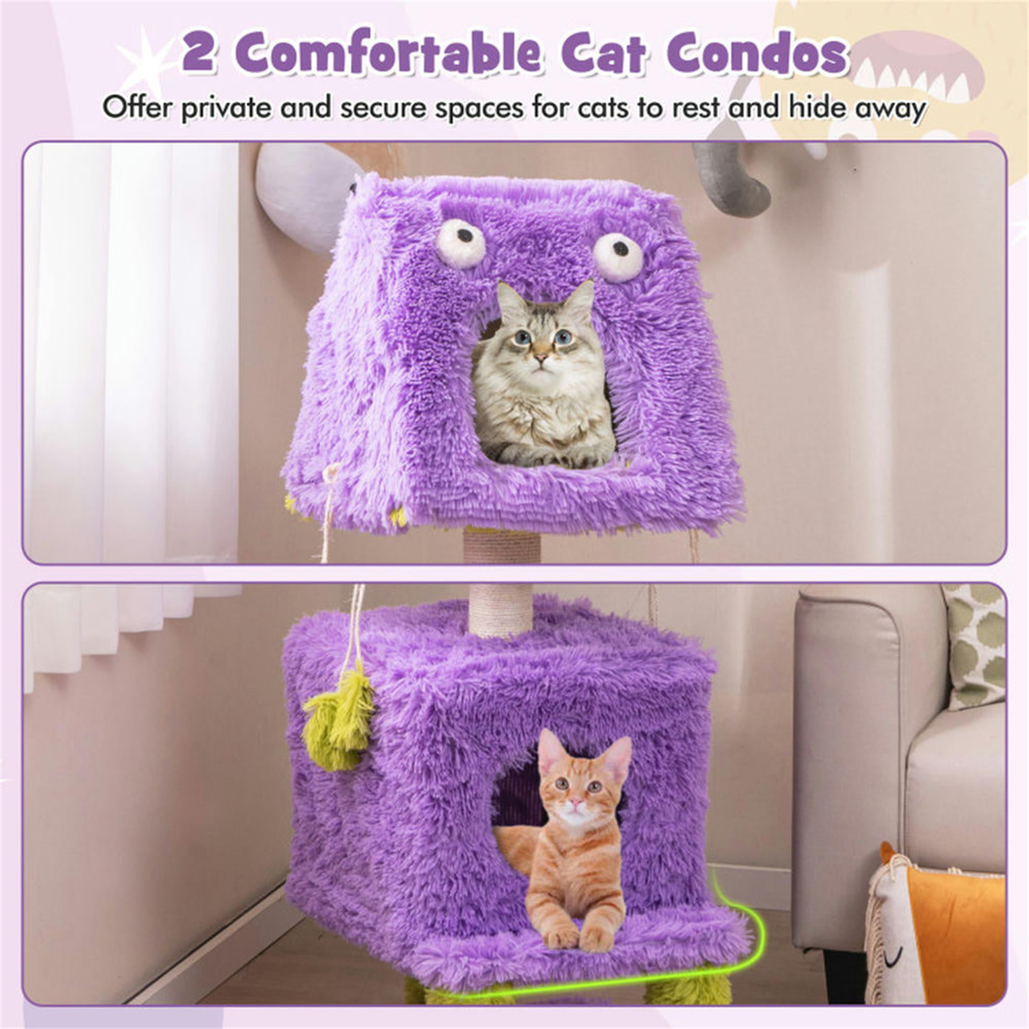 Kadyn 44" Cute Monster-Themed Cat Tree Tower with 2 Private Cat Condos for Small Place, Purple