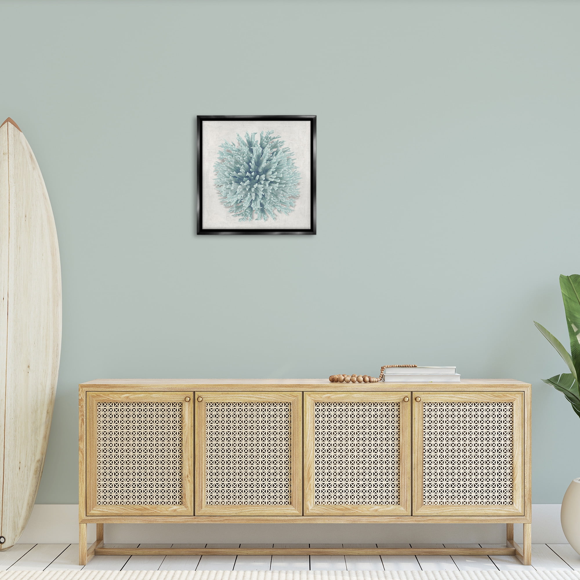 Stupell Industries Coral Ball Blue Sea Beach Design Nature Painting Black Floater Framed Canvas Art Print Wall Art, 25 x 25