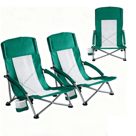 Blorly 2 PCS Low Profile Camping Chair Breathable Mesh Folding Beach Chair Lightweight Portable Concert Chair with Cup Holder & Armrests for Outdoor Events Picnic Lawn & Sand Green