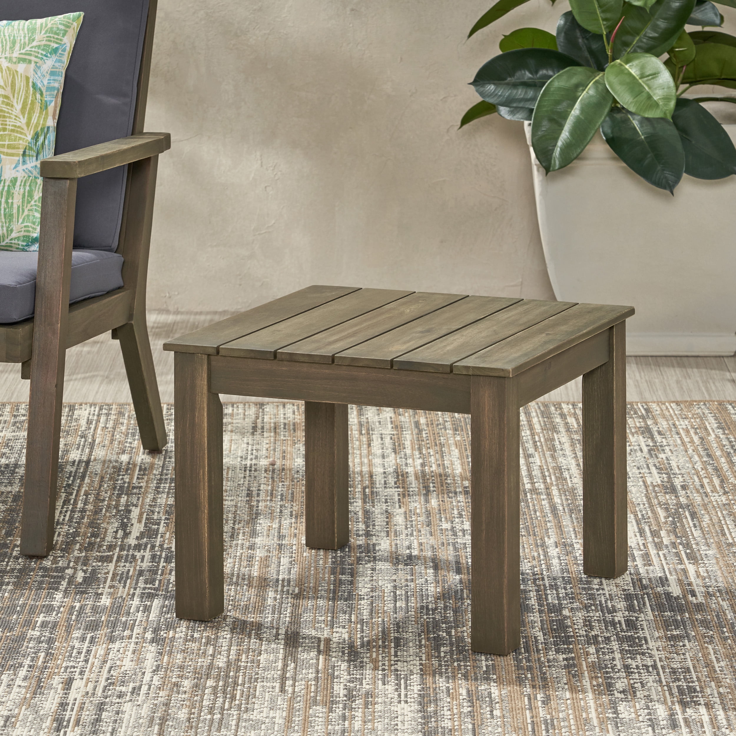 Outdoor Square Accent Side Table, Acacia Wood Leisure Decoration Table for Patio Garden, Gray