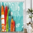 thumbnail image 3 of Beach Shower Curtains for Bathroom, Summer Surf Nautical Surfing Surfboard Bathroom Curtains, Tropical Colorful Surfboard in Vintage Style on Teal Wooden Fabric Shower Curtain Set with Hooks, 69X70in, 3 of 4