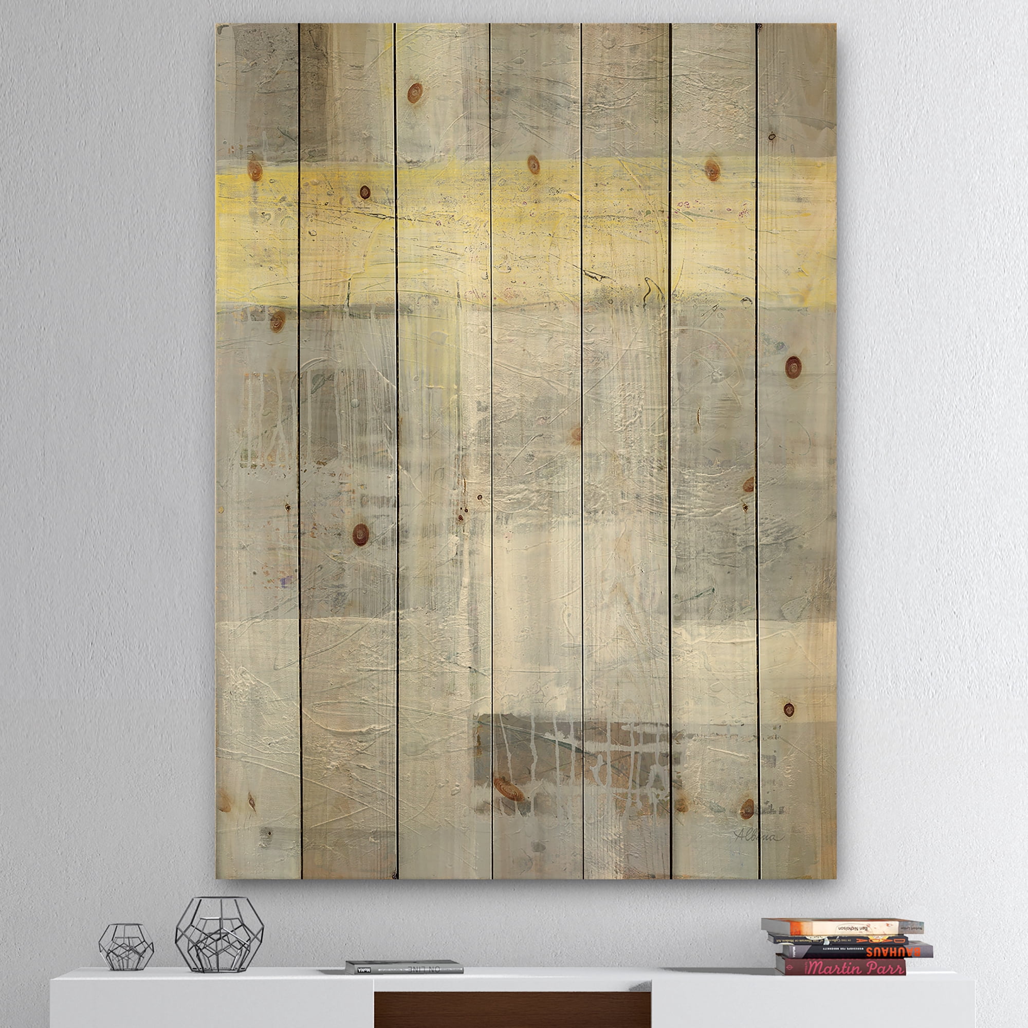 Designart 'Patchwork Abstract I' Modern & Contemporary Print on Natural Pine Wood
