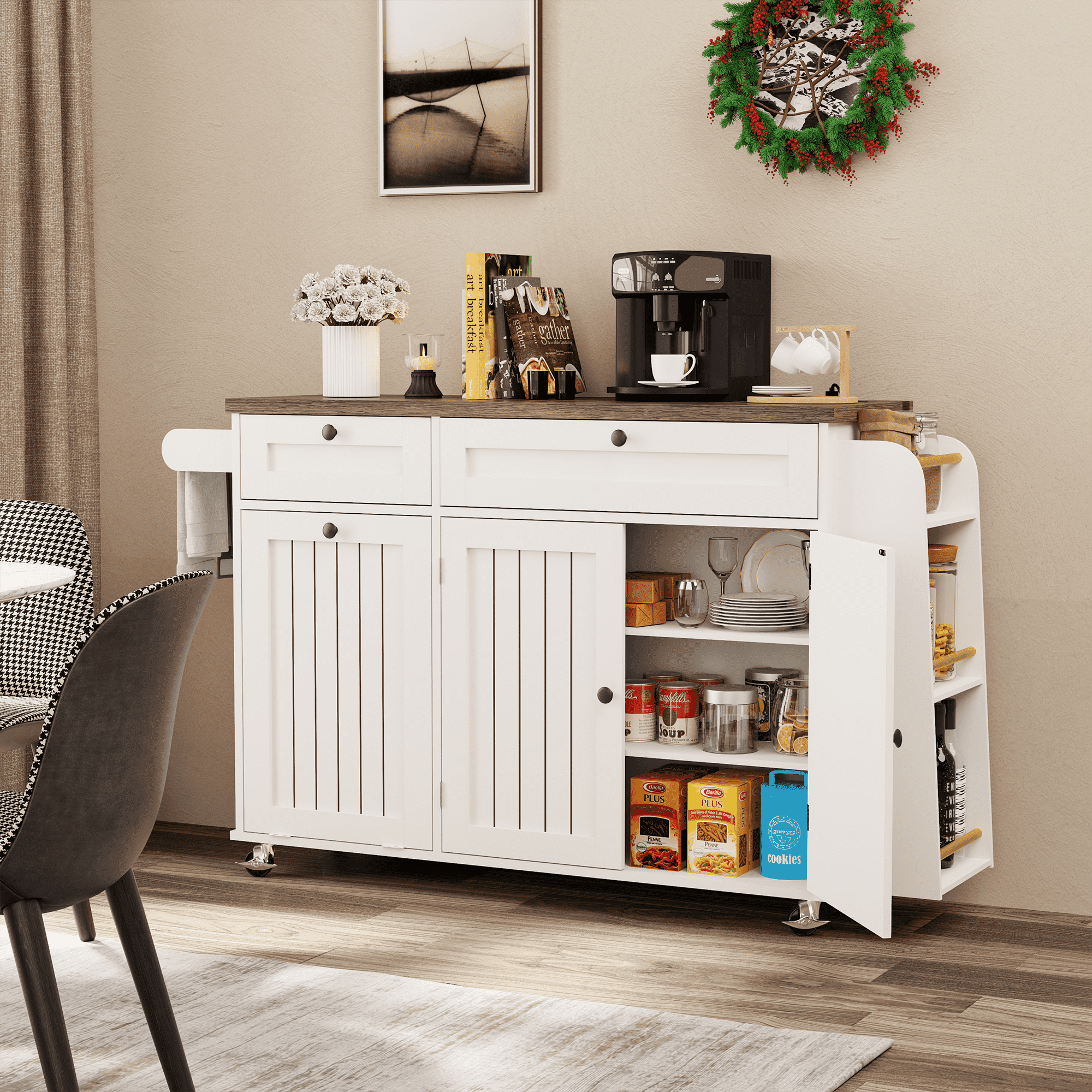 Mobile Folding Kitchen Island, Equipped with a power socket, USB interface, large capacity storage cabinet, drawers, 60 inch scroll wheel, kitchen island cart with hidden trash bin slot
