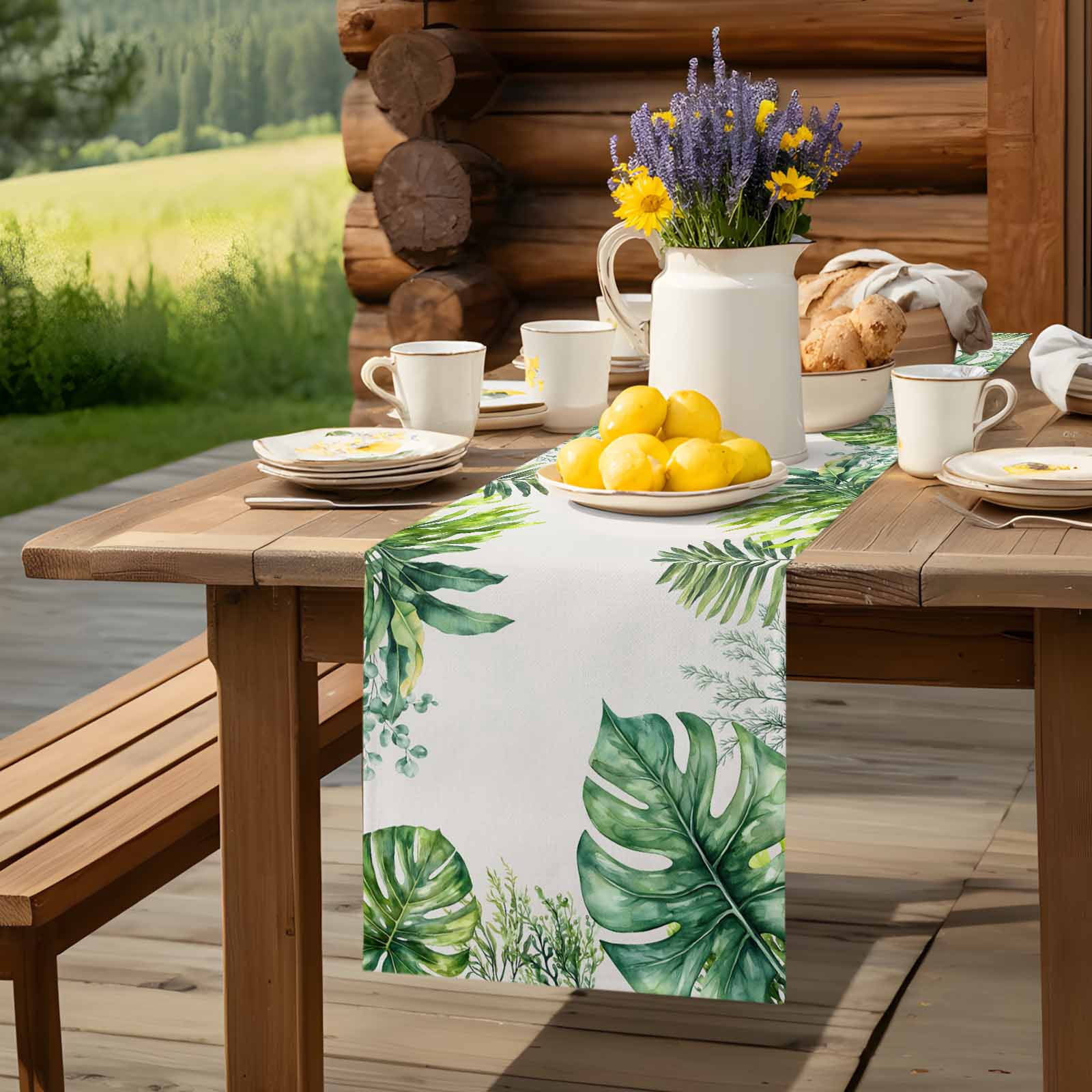 Summer Tropical Plants Palm Leaf Table Runner 90 Inches Long, Green Watercolor Leaves Table Runners Tabletop Scarf Kitchen Dining Tables Decoration for Home Party Indoor Outdoor