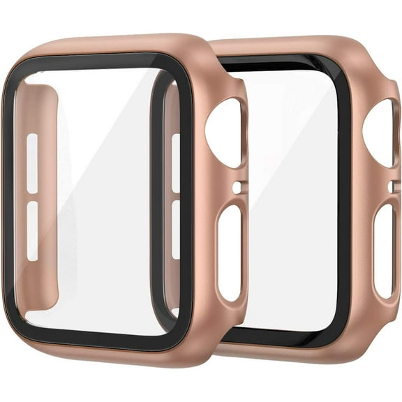 2 Pack Hard PC Case Compatible with Apple Watch Series 8 7 45mm Women Men, Overall PC Case Slim Tempered Glass Screen Protector Protective Cover for Apple iWatch 45mm Rose Gold