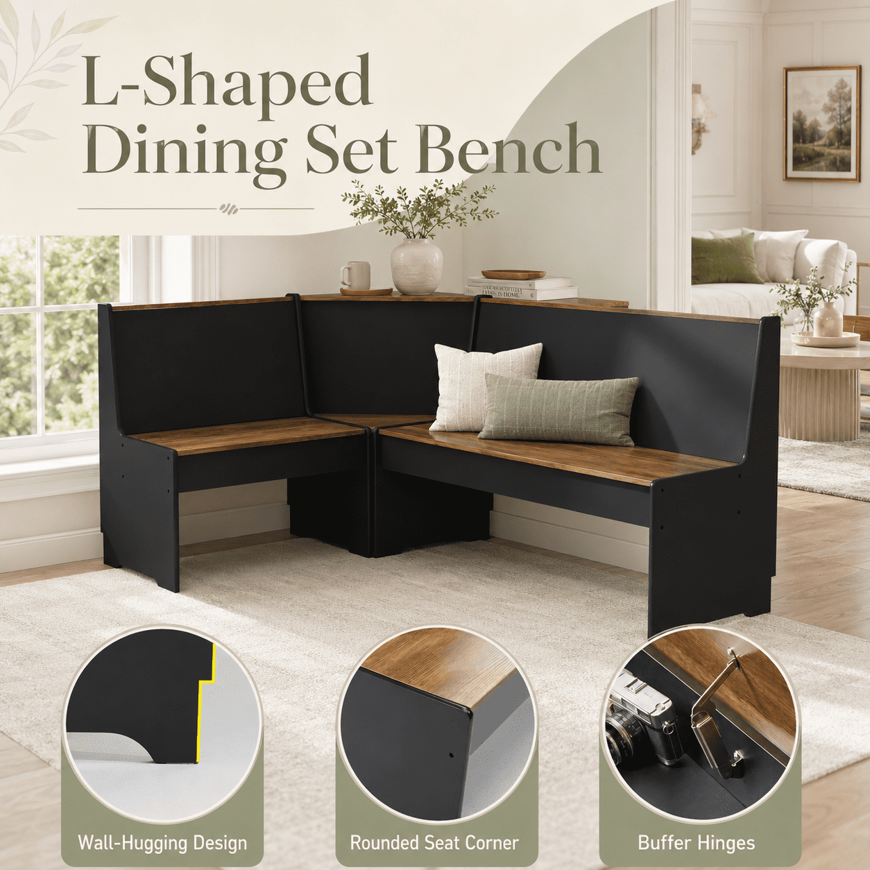 Merluxy Breakfast Nook Corner Dining Table Set with Hidden Storage, L-Shaped Black Kitchen Chairs for Small Spaces, Oak