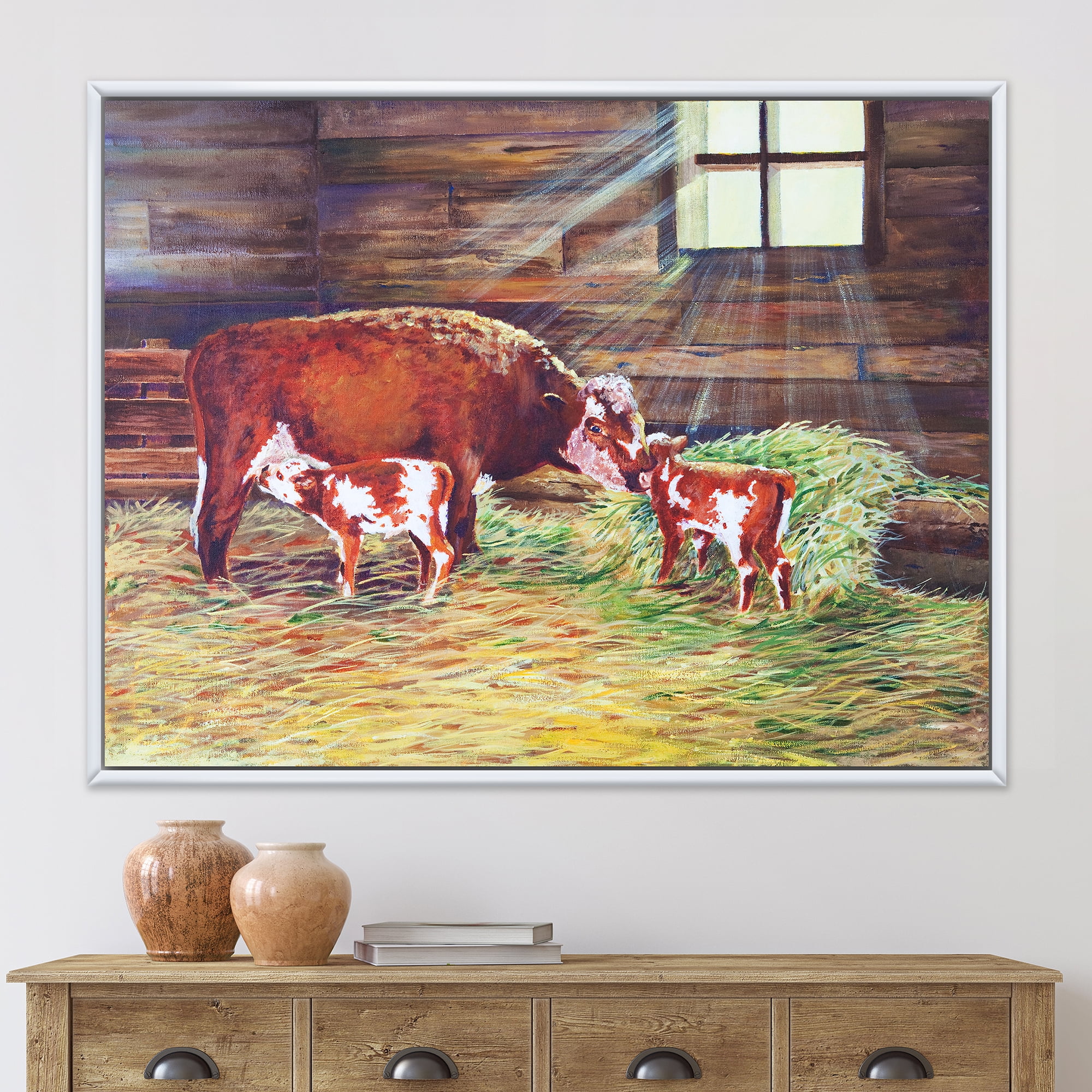 Designart 'Newborn Twin Calves With Cow At The Farm' Farmhouse Framed Canvas Wall Art Print