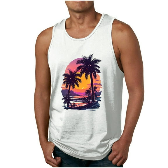 ZCFZJW Men's Workout Tank Tops Sleeveless Gym Muscle Tee Shirts Casual Breathable Athletic T-Shirts Big and Tall Regular Fit Sleeveless Tropical Beach Shirts White XXXL