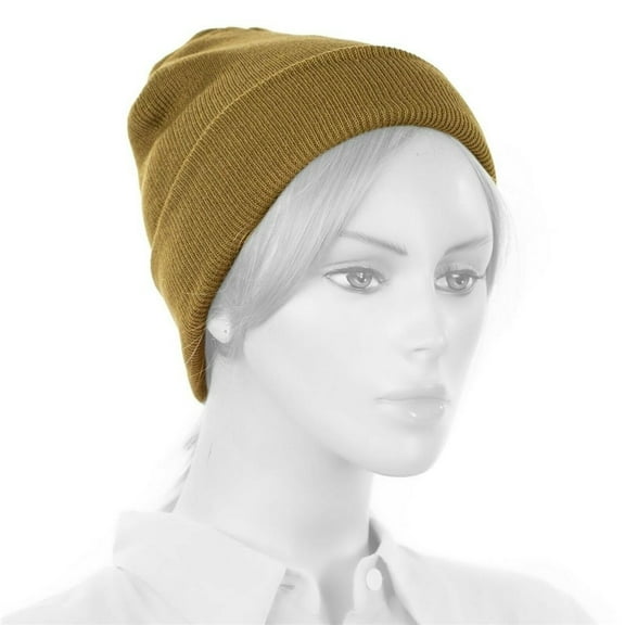 KHAKI BROWN plain blank long fold up beanie Hat Adult Size Soft 9" folded - New with box/tags