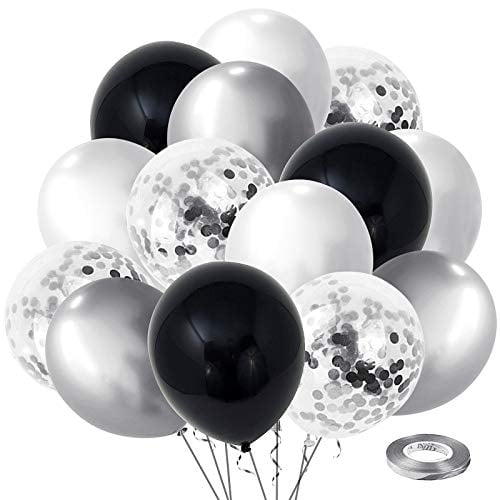 Black Silver Confetti Latex Balloons,60pcs 12 inch Black White Silver Metallic Chrome and Silver Confetti Balloons for Birthday, Baby Shower, Wedding, and Silver Theme Party Decoration