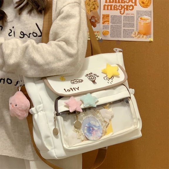 Cute Canvas Tote Bag for Women, Large Capacity Multi Pocket Shoulder Bag with Clear Front Pocket, Casual Handbag for School Work Shopping Travel