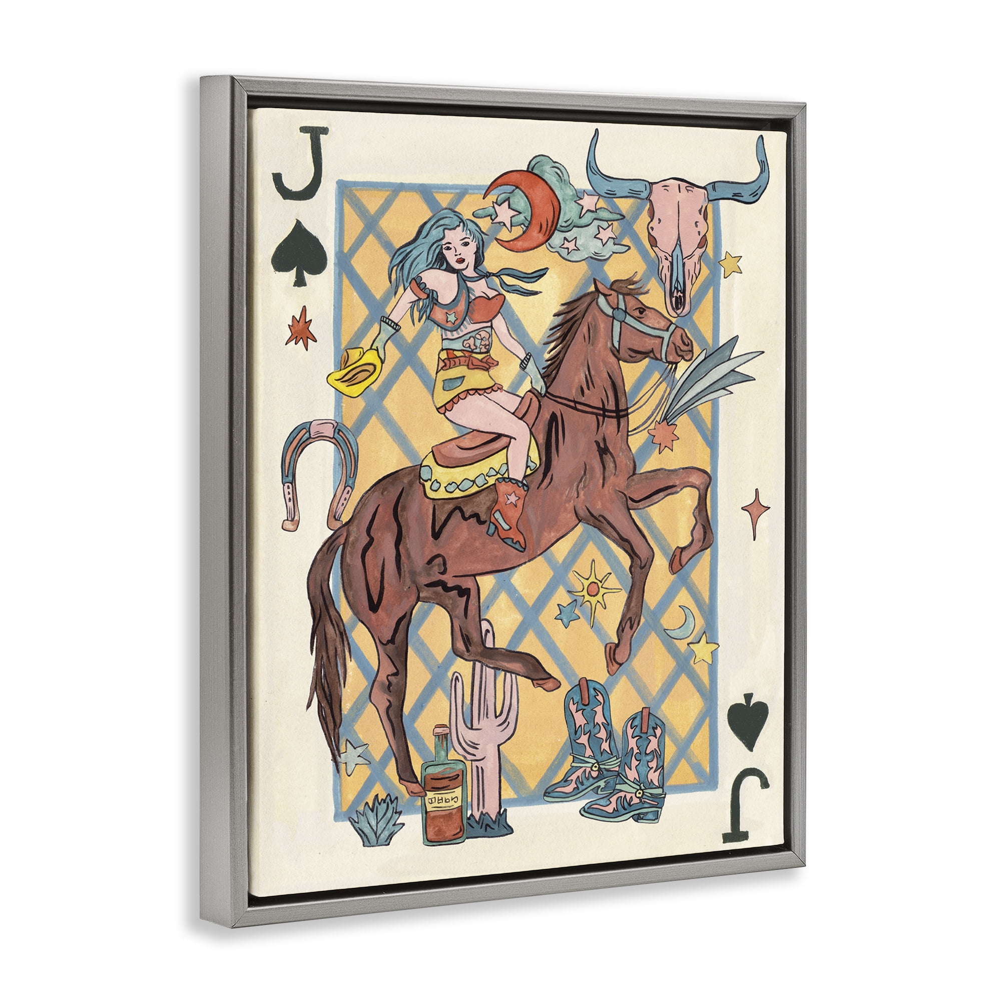 Stupell Industries Western Cowgirl Playing Card Entertainment Painting Gray Floater Framed Canvas Art Print Wall Art, 25 x 31