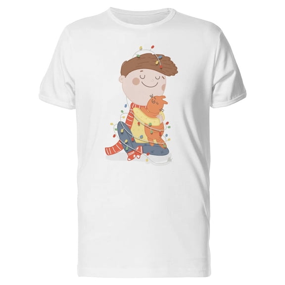 Cute Boy Hugs His Cat Cartoon Tee Men's -Image by Shutterstock