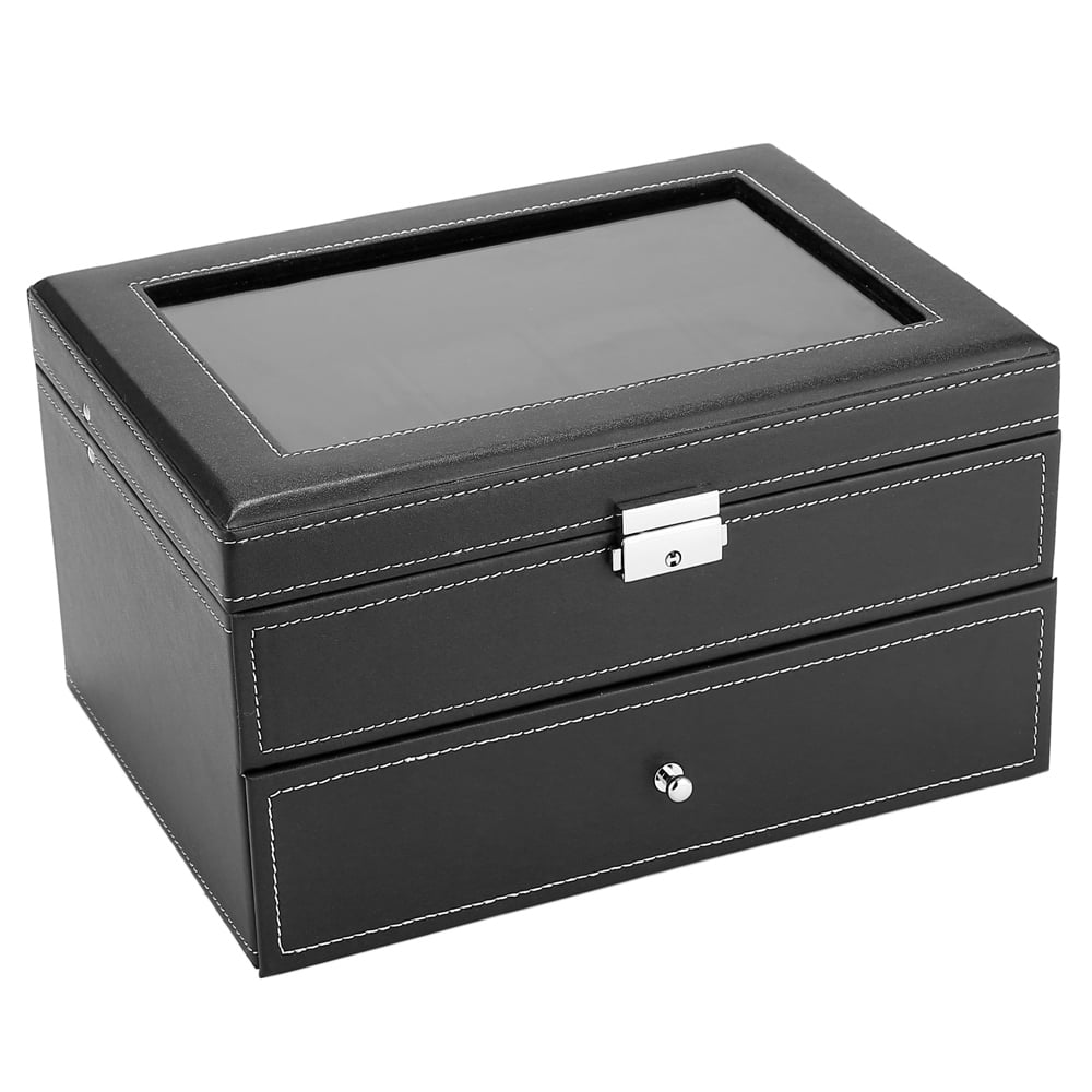 Kepooman 20 Slot Leather Watch Box, Glass Top Display Organizer with Lockable, Black