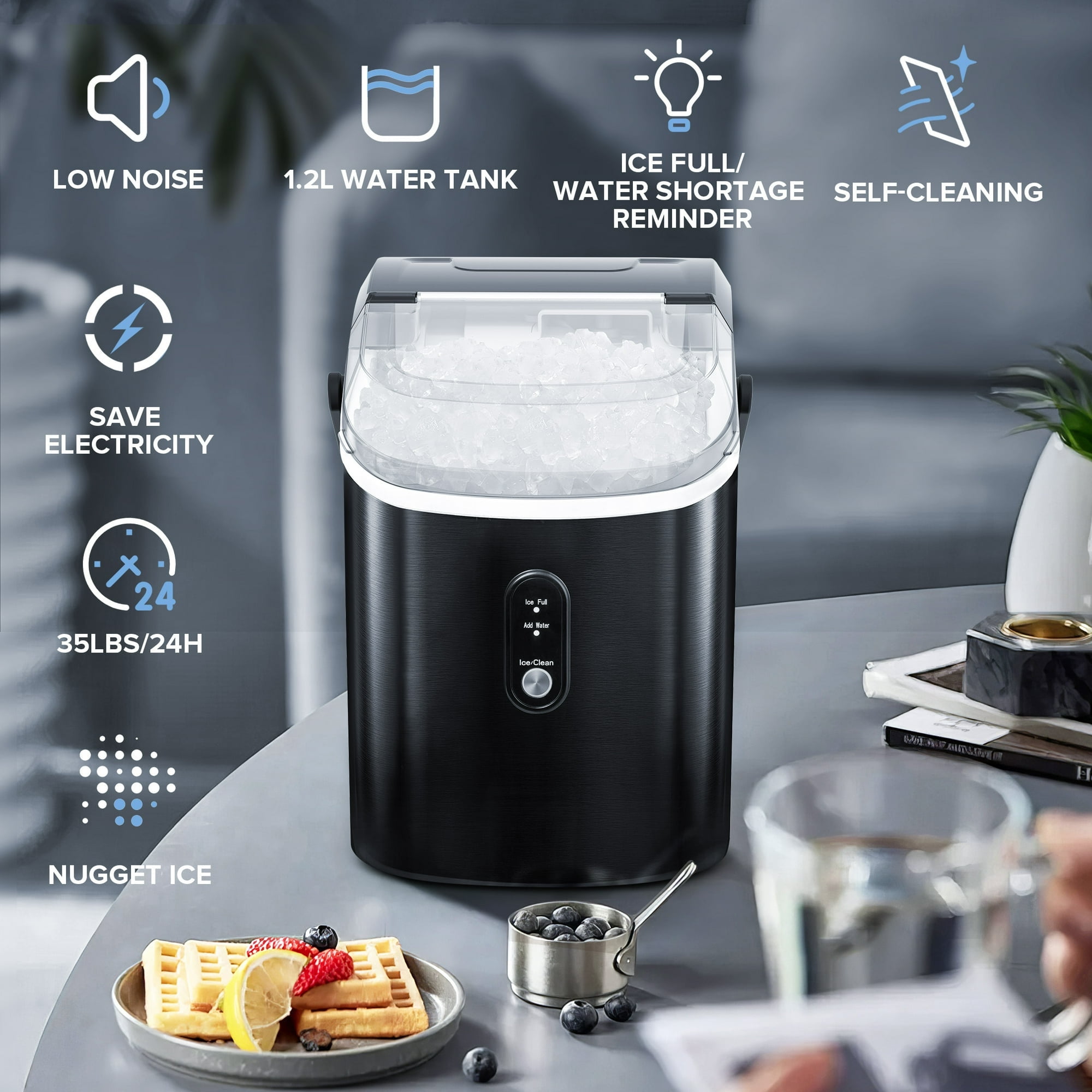 Auseo 35Lbs Nugget Ice Maker Countertop, Self-Cleaning with Ice Scoop, for Home/Office/Bar, Black