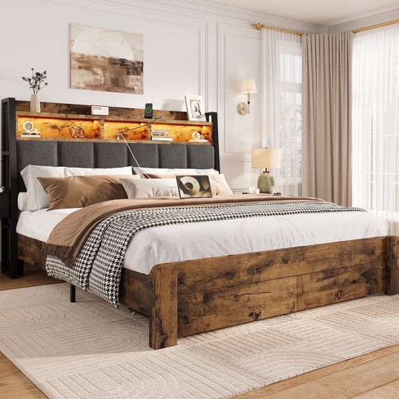 Breltam Queen Bed with 2 Storage Drawers, Platform Bed with Bookcase Headboard, Upholstered Headboard with 2 Bedside Storage Pockets, Rustic Brown