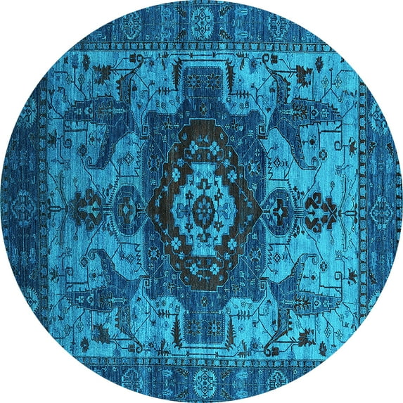 Ahgly Company Machine Washable Indoor Round Oriental Turquoise Blue Industrial Area Rugs, 3' Round