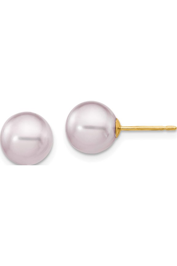 14K Yellow Gold 8-9mm Purple Round Freshwater Cultured Pearl Stud Post Earrings Made In Canada x80ppu
