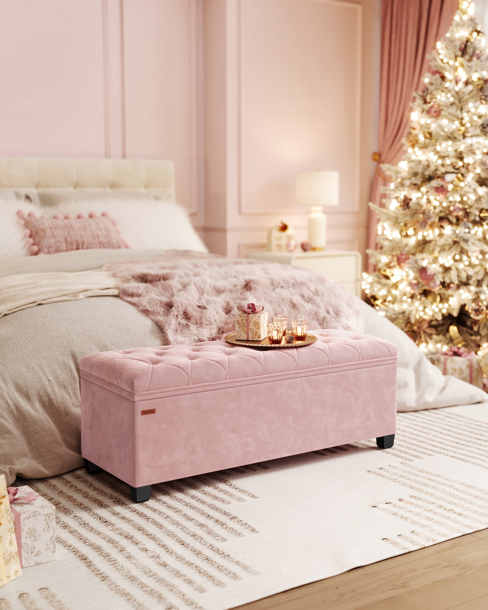 SONGMICS 43" Storage Ottoman Bench End of Bed Bench Pink Ottoman with Storage Load up to 660 lb for Living Room Bedroom