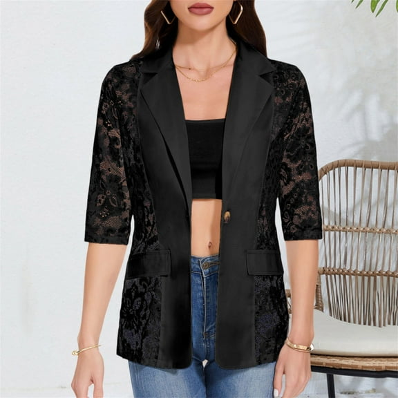 Sakmal Elbow-Length Womens Winter Coats Dressy Black Lightweight Lace Patchwork Solid Formal Ladies Jackets