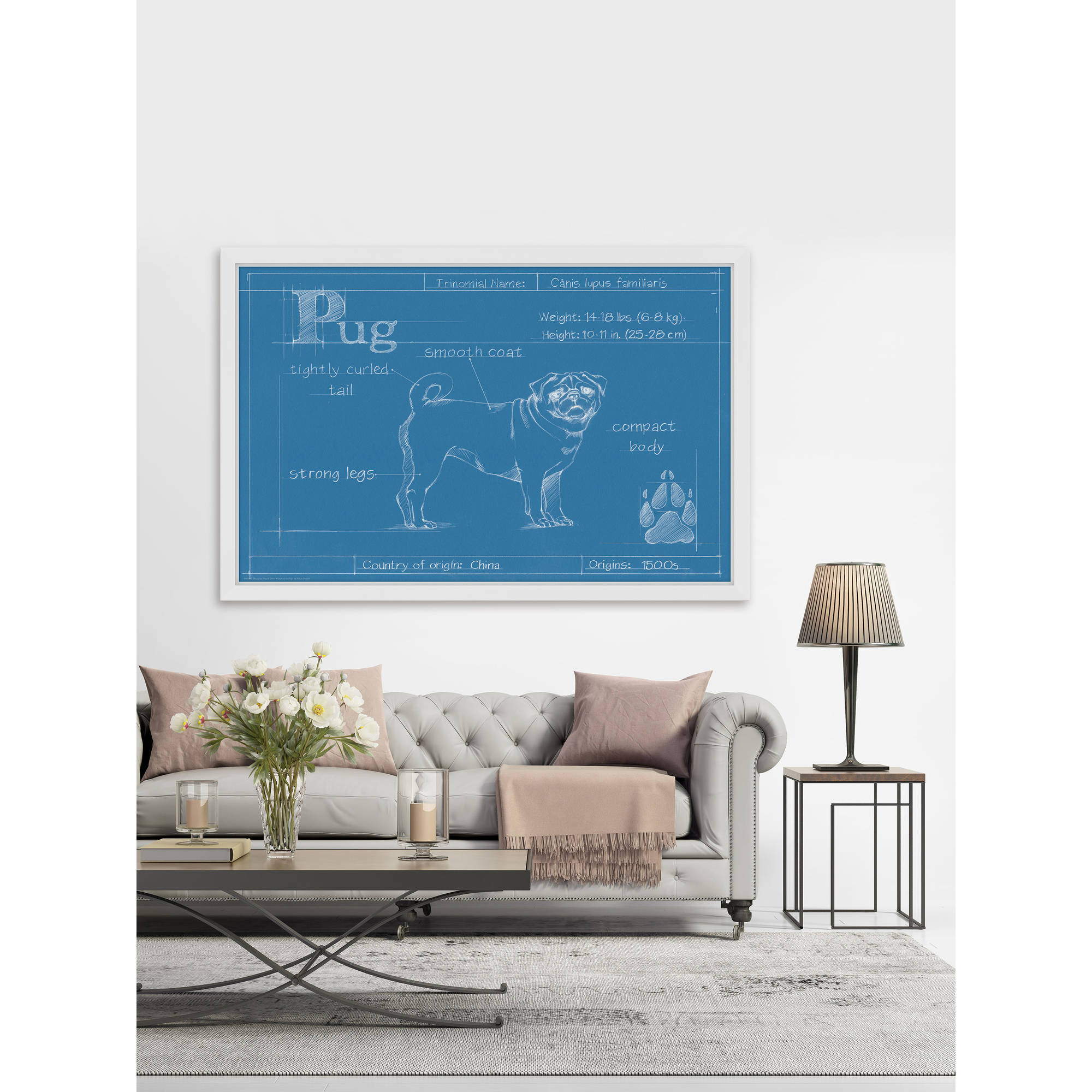 Marmont Hill "Blueprint Pug" Framed Painting Print