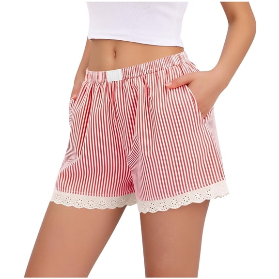 Diufon Womens Boxer Shorts Spring Summer Fashion Beach Shorts Casual Lace Hem Striped Shorts with Pockets