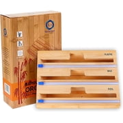 Foil and Plastic Wrap Organizer with Kitchen Wall Aluminum Foil Holder, 3 in 1 Cling Plastic Wrap Dispenser with Cutter and Labels, Bamboo Kitchen Wrap Organizer for Food Storage Drawer Organization