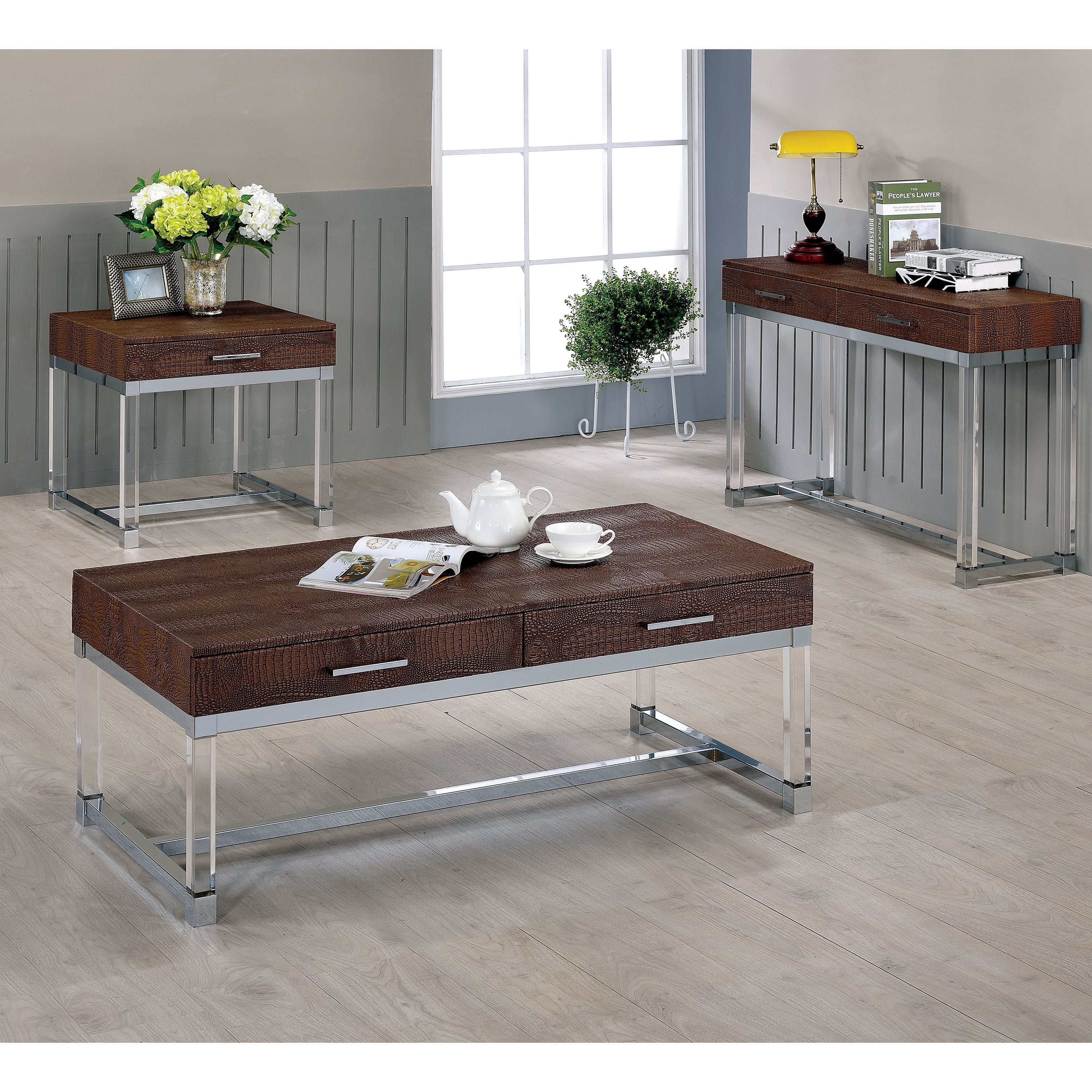 Furniture of America Dolan Faux Leather 2-Drawer Coffee Table, Brown