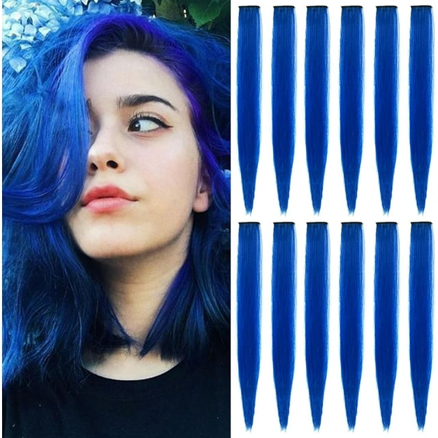 LAICAIW Rallonges de Cheveux Colorées de 22 Pouces, Postiche Lisse, Mèches de Fête Multicolores à Clipser, Rallonges de Cheveux Synthétiques (12 Pcs Bleu)