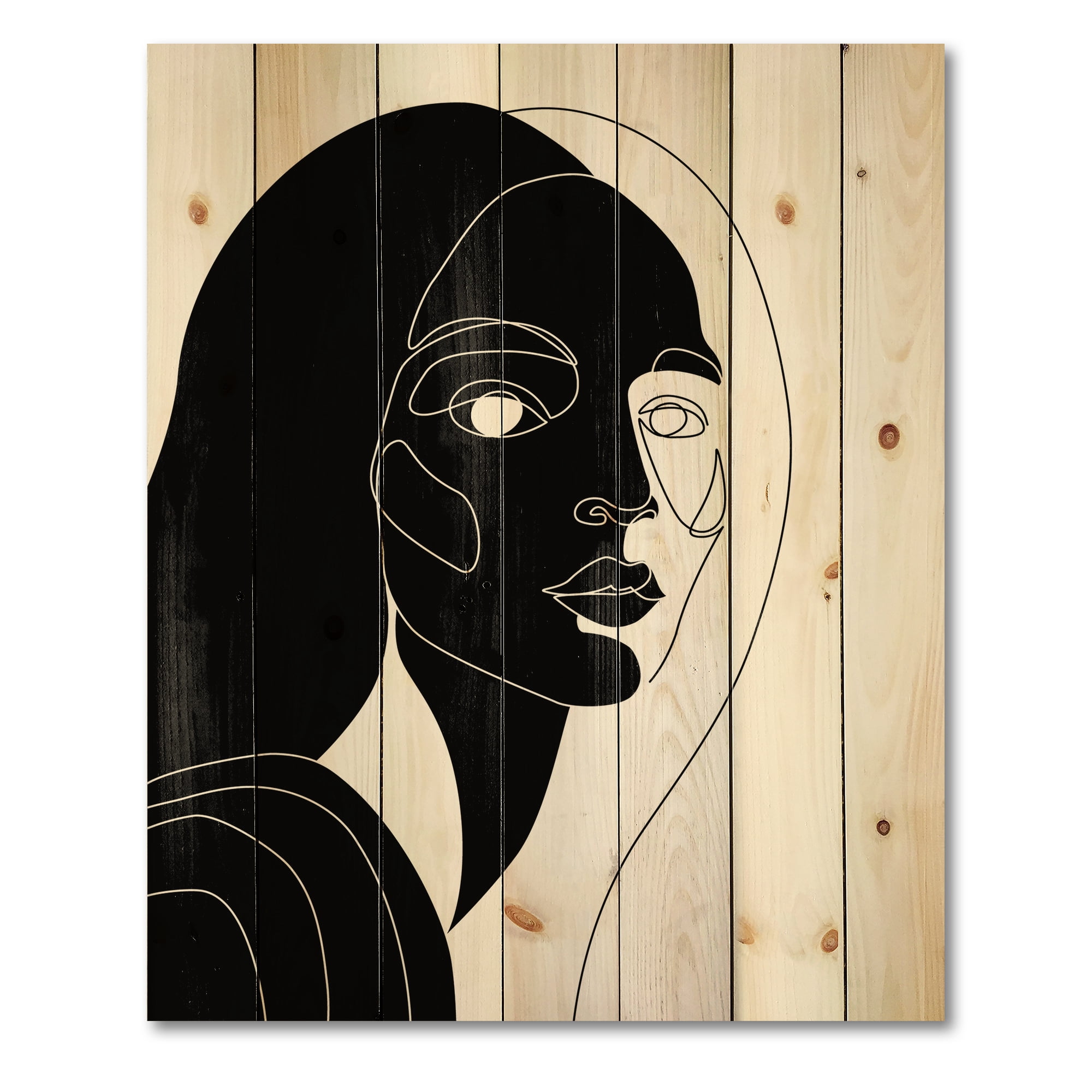 Designart 'Retro Black and White Minimal Portrait of Young Girl' Modern Print on Natural Pine Wood