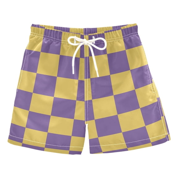 Purple Yellow Checked Pattern Swim Trunks Quick Dry Beach Pool Board Shorts Lightweight Stylish Print Sizes 2T to XL