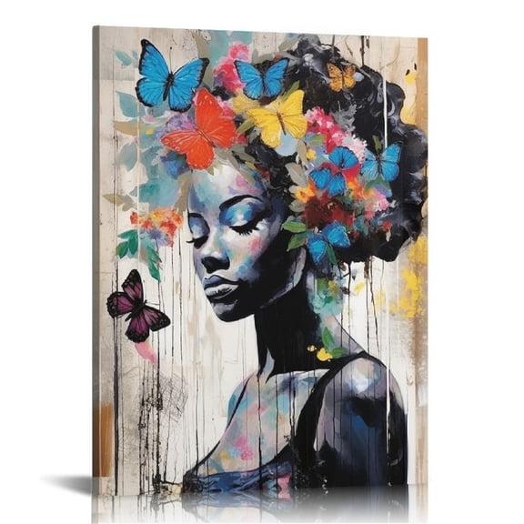 JEUXUS African American Wall Art Black Women Art Wall Decor Blue Flower Pictures Abstract Paintings Framed Portrait Artwork for Bathroom Bedroom Office Wall Decorations Small Farmhouse 16x20in