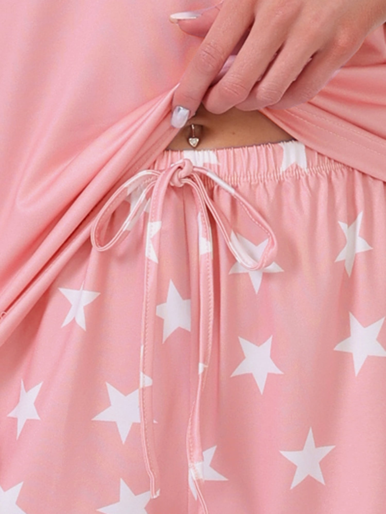 DARING DIVA Women's Lace Trim Star Print V Neck Tank with Shorts Pajama Set S Pink