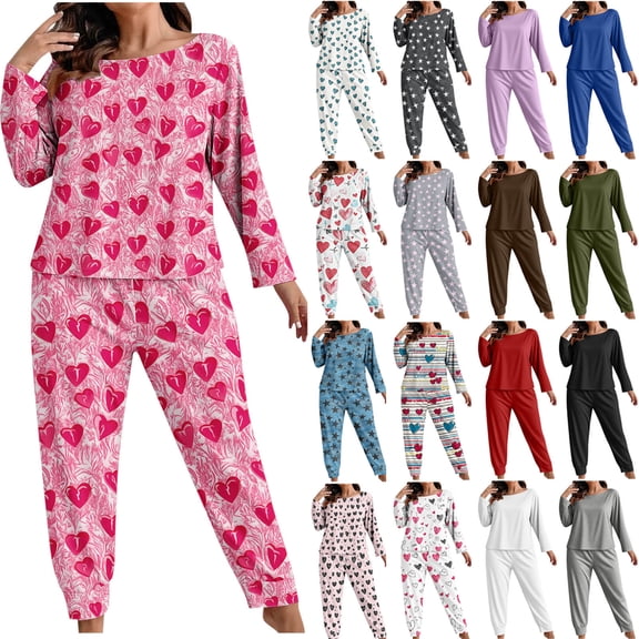 Wiyuqeen Plus Size Pajamas for Women Love Heart Print Sleepwear 2 Piece Long Sleeve Loungewear Pjs Bottoms Loose Fit Nightwear