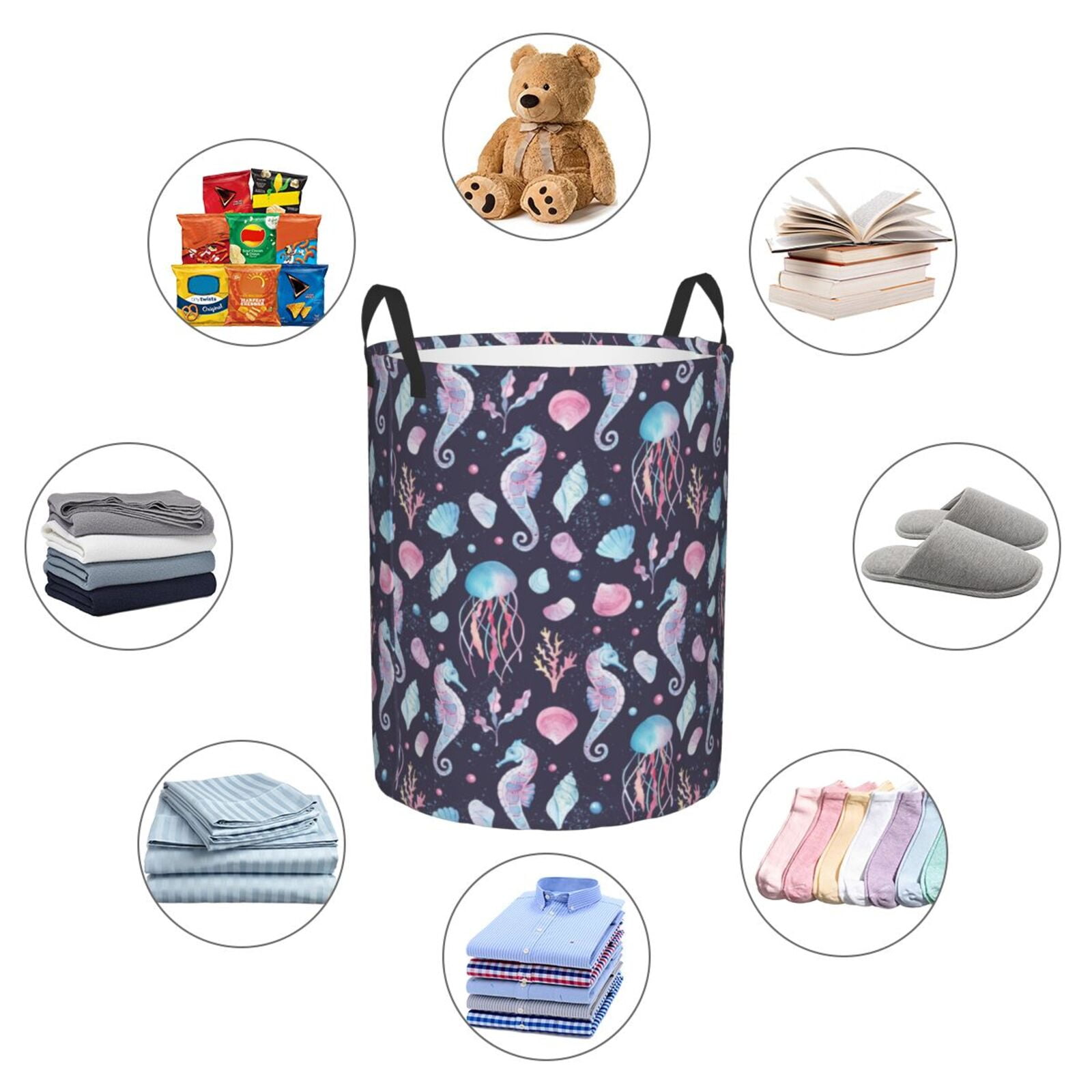 Large Laundry Basket with Handles - Watercolor Marine Animals Kids Baby Dirty Clothes Laundry Hamper for Bedroom Aesthetic