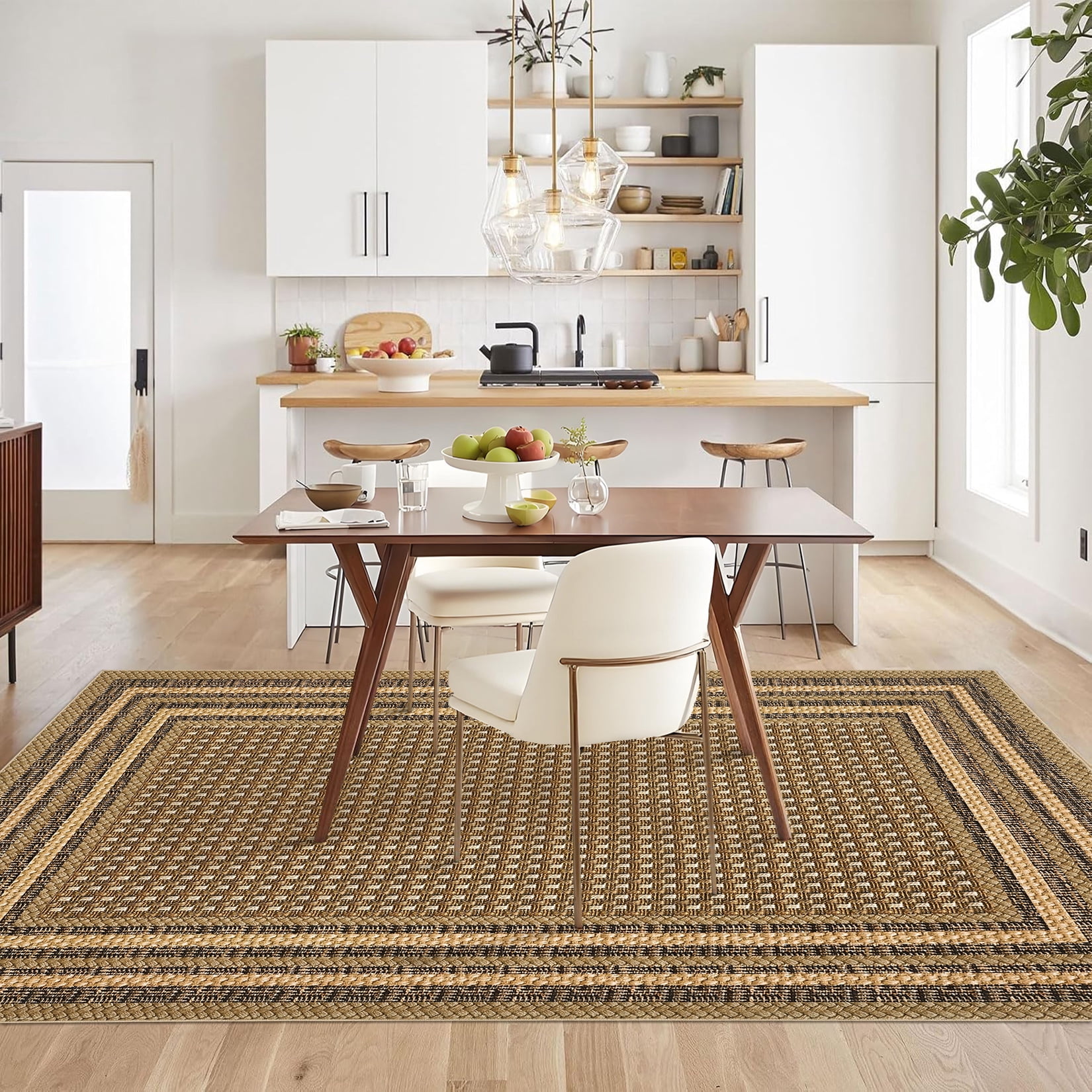 Garvee 8'x10' Bordered Print Area Rug Washable Rugs, Non Slip Modern Geometric Rug Stain Resistant Indoor Carpet for Living Room Bedroom Dining Room, Linen