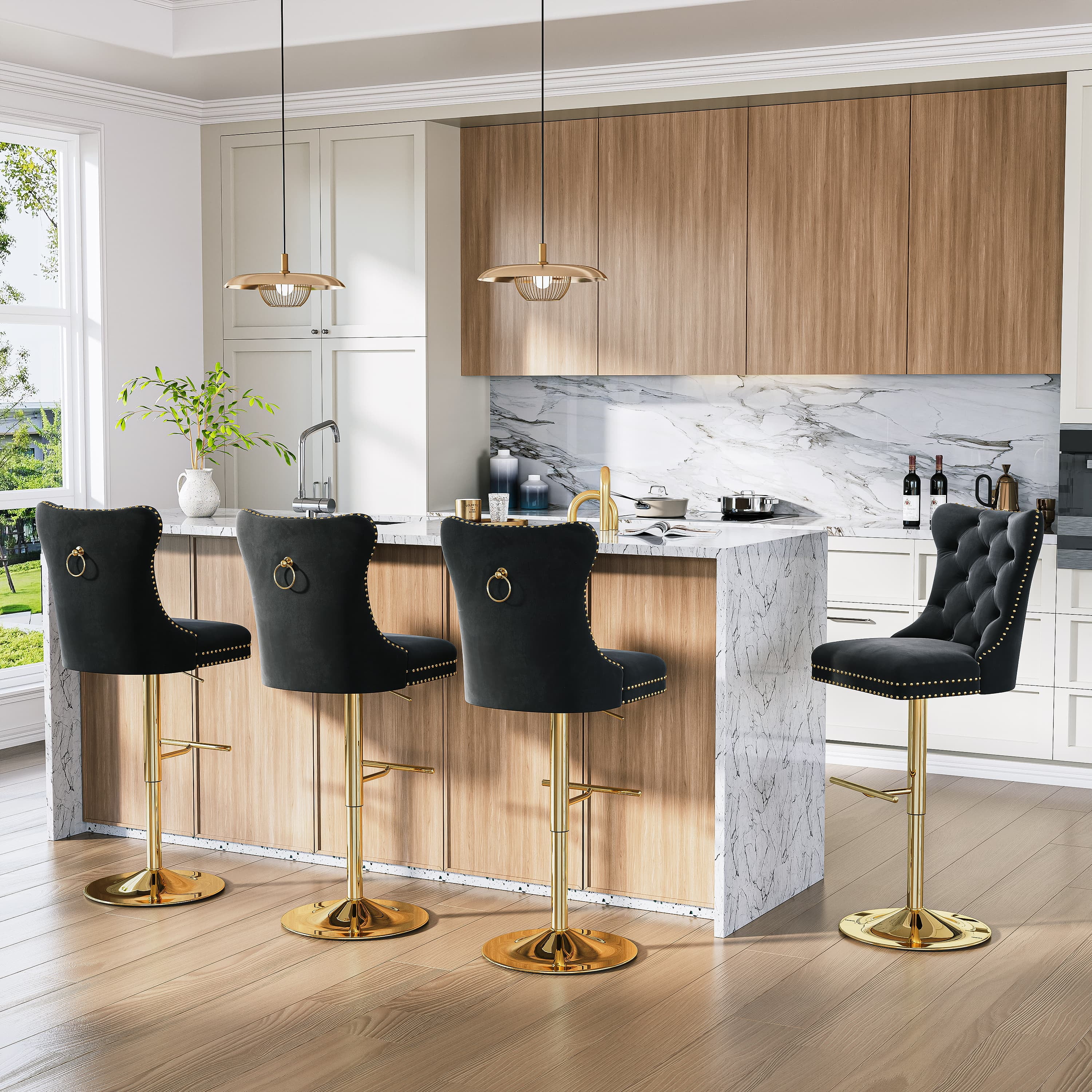 Modern Velvet Bar Stools Set of 2 Adjustable Swivel Counter Height Chairs with Upholstered Back and Nailhead Trim for Home Pub Kitchen Island