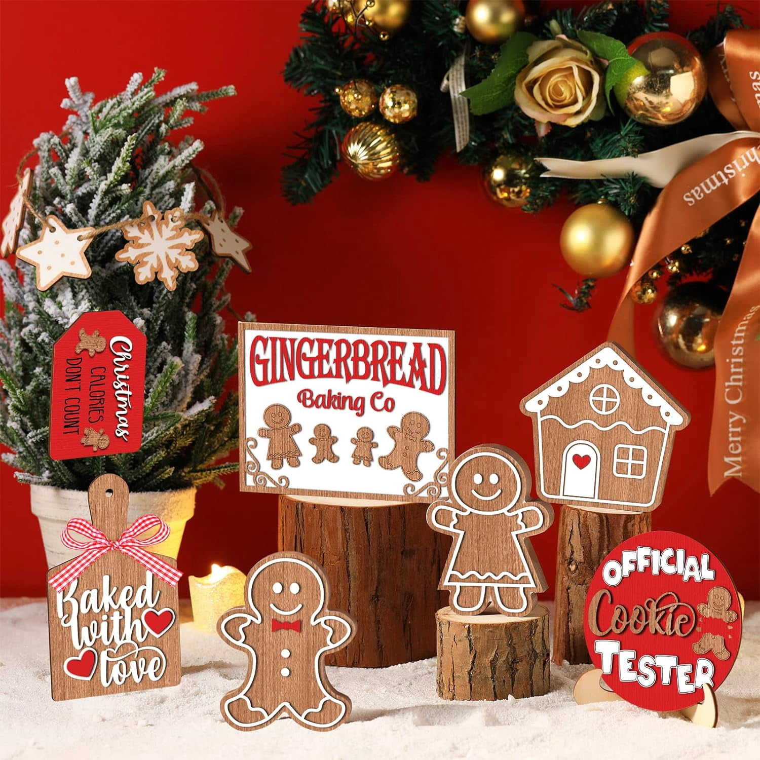 12Pcs Christmas Tiered Tray Decor Christmas Wood Tabletop Decor Gingerbread Man Xmas Tabletop Farmhouse Coffee Signs Snowmen for Christmas Winter Farmhouse Home Party Holiday Decoration