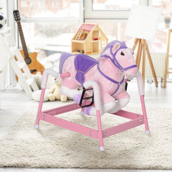 Qaba Spring Rocking Horse Kids Ride On Pony with Neighing Sounds, Plush Horse Toy with Saddle, Reins and Foot Stirrups, Pink