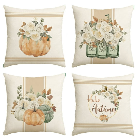 Sm:)e Hello Autumn Flower Maple Leaves Orange Pumpkin Watercolor Fall Throw Pillow Covers 18 x 18 Inch Set of 4