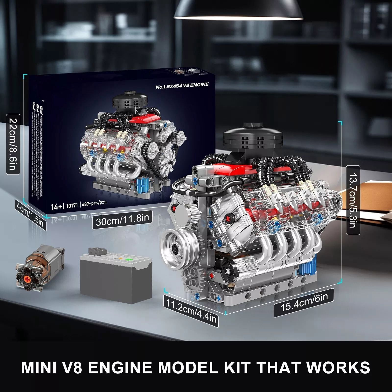 GUYUTING Building Block V8 Engine Motor Model Toy Kit Creative Construction 14+ Gift for Adults Teens ABS