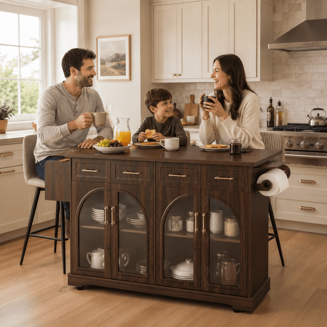 Homy Casa 65.2" Kitchen Island with Storage, Drop Leaf, Power Outlet and Arched Glass Doors, Walnut Brown