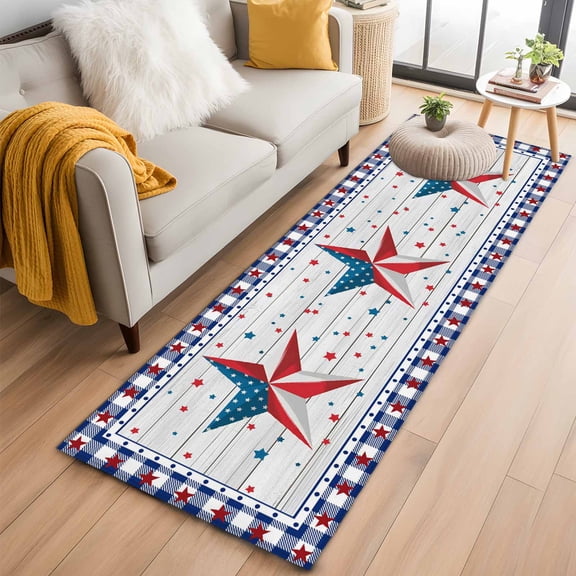 Independence Day 2'x6' Runner Rugs for Hallway Kitchen Bedside Non Slip Washable, American Flag Star Wooden Buffalo Check Entryway Rug Runners with Rubber Backing, Long Carpet Runner for Laundry Room