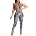 thumbnail image 1 of Seyurigaoka 2Pcs Women Summer Wild Outfits, Halter Neck Solid Color Sleeveless Crop Tops + Matching Print Elastic High Waist Leggings, 1 of 5