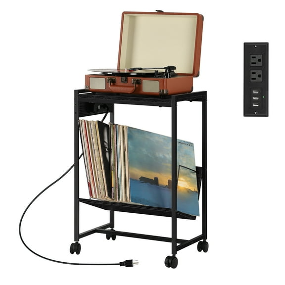 Record Player Desk Stand with Vinyl & Album Storage Turntable Stand with Charging Station & Record Storage Black Record Player Stand