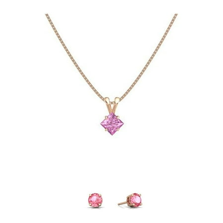 Paris Jewelry 18K Rose Gold 2ct Pink Sapphire Square 18 Inch Necklace and Round Earrings Set Plated